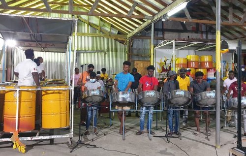 Members of the Hells Gate Steel Orchestra in Antigua practising for a recent performance