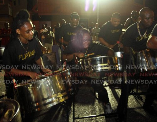 Newtown Playboys plays KMC’s First Experience during the National Panorama Single Pan Steelbands Prelims, at their Tragarete Road panyard on November 14
