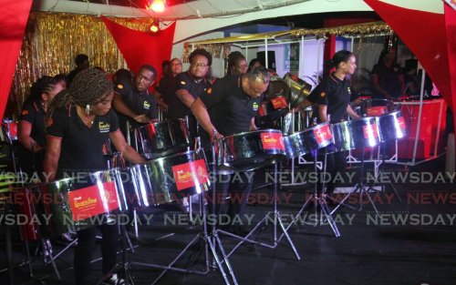 Shell Invaders panists perform Bun Dem at the band's sponsor's night, Queen's Park Oval, Port of Spain on Wednesday