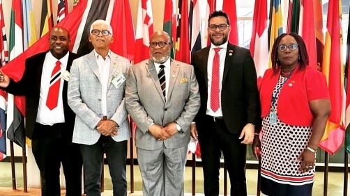 Left to right: Director of the National Steel Symphony Orchestra, Mr. Kareem Browne; renowned steelpan arranger, Dr. Ray Holman; Ambassador Extraordinary and Plenipotentiary, Permanent Representative of the Republic of Trinidad and Tobago to the United Nations, His Excellency Dennis Francis; Minister of Tourism, Culture and the Arts, Senator the Honourable Randall Mitchell and President of Pan Trinbago, Mrs. Beverley Ramsey-Moore - at the United Nations, New York