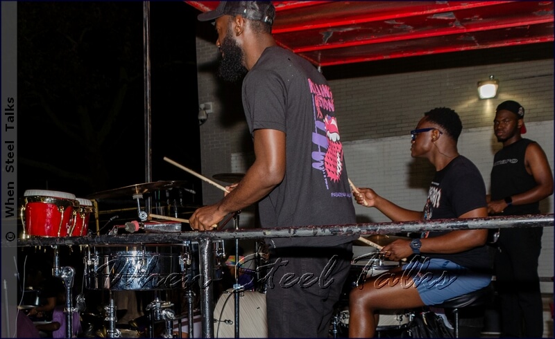 L-R: Dejean Cain on bongos, timbales and cowbell; Terrel Moore on drums; Roshon Phillip on big drum - part of PanAlley Steel Orchestra’s rhythm section during their ‘Tempo’ recording session