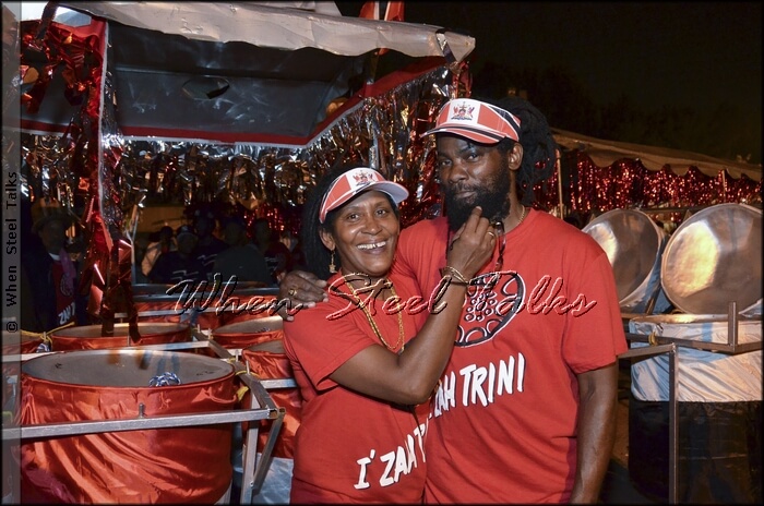 Ingrid Samuel on stage at New York Panorama with husband, D’Radoes Steel Orchestra band leader Junior Samuel