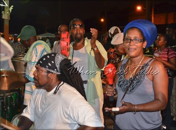 Ingrid Samuel on percussion in the Engine Room of D’Radoes Steel Orchestra