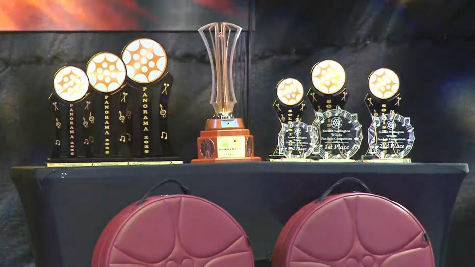 Trophies and prize tenor pans ready for respective recipients at the 2025 Saint Lucia Panorama
