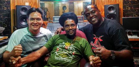 (l-r): Mark Loquan, Junior “Ibo” Joseph, Seion Gomez, in studio
