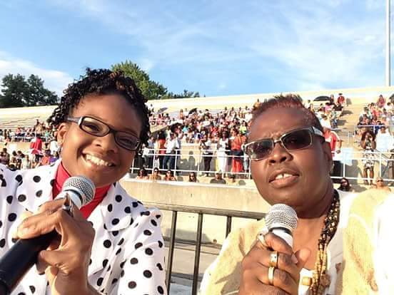 Jossane co-hosting and commentating with Rhoma Spencer at Pan Alive at Lamport Stadium,  Toronto, Canada 2016.jpg