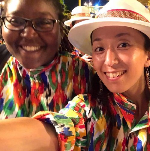 Yoko Takano (right) with fellow panist from Invaders Steel  Orchestra
